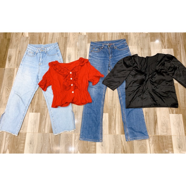 Áo đỏ nút trắng td114 pass 30k Áo lụa đen có cúp ngực td114 pass 50k Quần jean size 27 td114 pass 50k/cái