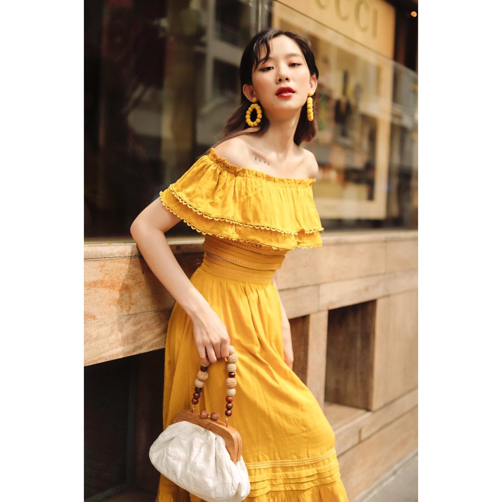 SÒ VINTAGE - LIE Set áo croptop bẹt vai và chân váy xòe viền ren | BigBuy360 - bigbuy360.vn