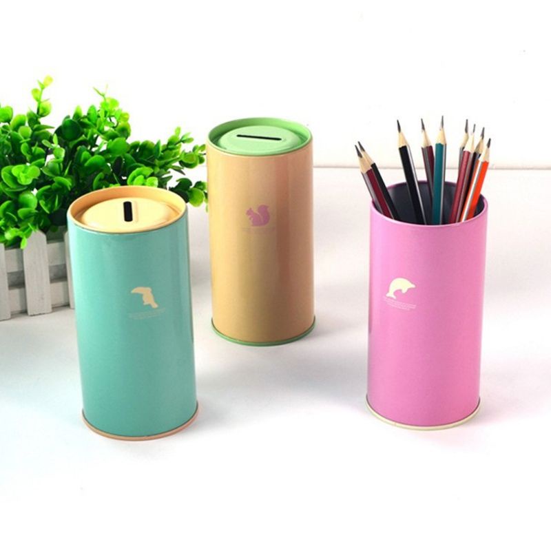 Hộp đựng tiền tiết kiệm hình trụ bằng thiếc màu kẹo họa tiết động vật hoạt hình xinh xắn dễ thương