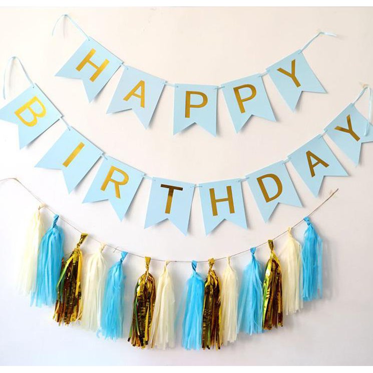 Dây chữ happy birthday 14x20cm cờ đuôi cá, cả dây ~ 2.3m  trang trí tiệc sinh nhật  Birthday Banner ép kim ánh kim