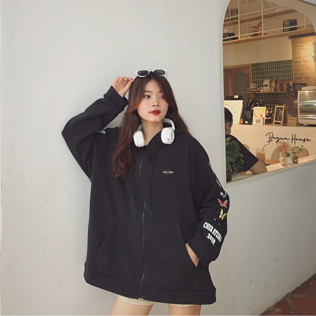 (New) ÁO NỈ KHOÁC DÂY KÉO BƯỚM CHER STUDIO HỒNG ĐEN - ÁO KHOÁC HOODIE CÁNH BƯỚM COUPLE