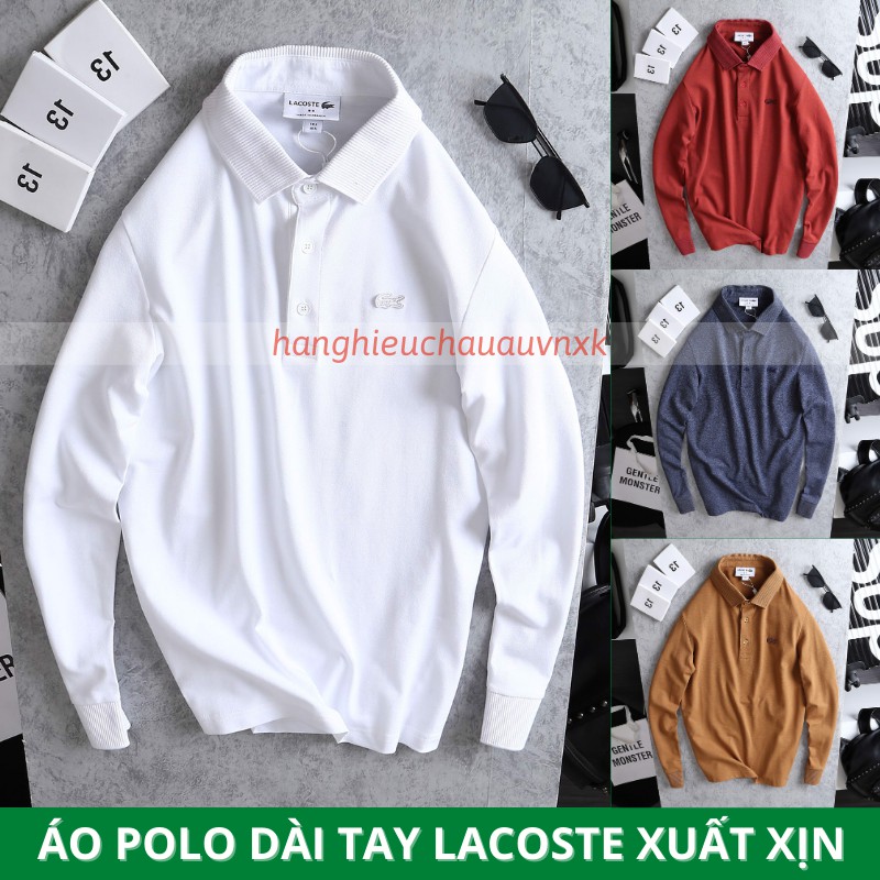 Áo Polo Nam trơn có cổ LACOSTE dài tay vải cotton pique color block hàng xuất xịn chính hãng