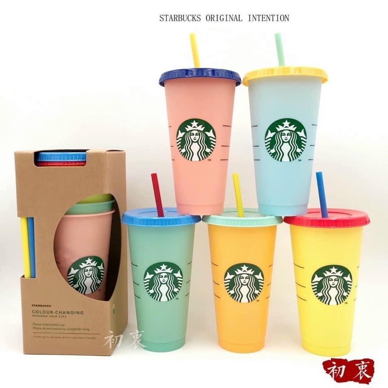 SET 5 Ly Đổi Màu Starbucks Dung Tích 710ml Thay Đổi Màu Theo Nhiệt Độ, Tái Sử Dụng Kèm Nắp Đậy Và Ống Hút