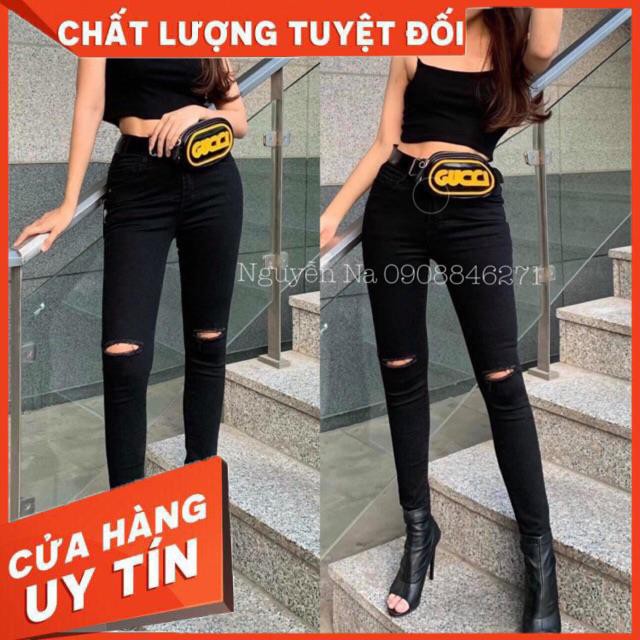 QUẦN JEANS Skinny ĐEN ôm RÁCH GỐI - chất mềm giãn