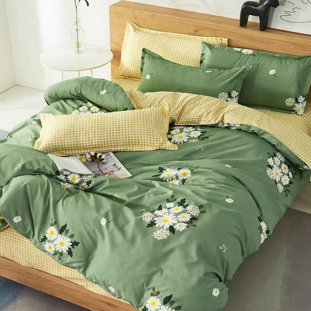Bộ Chăn Ga Gối Cúc Hoạ Mi Xanh Cotton Poly