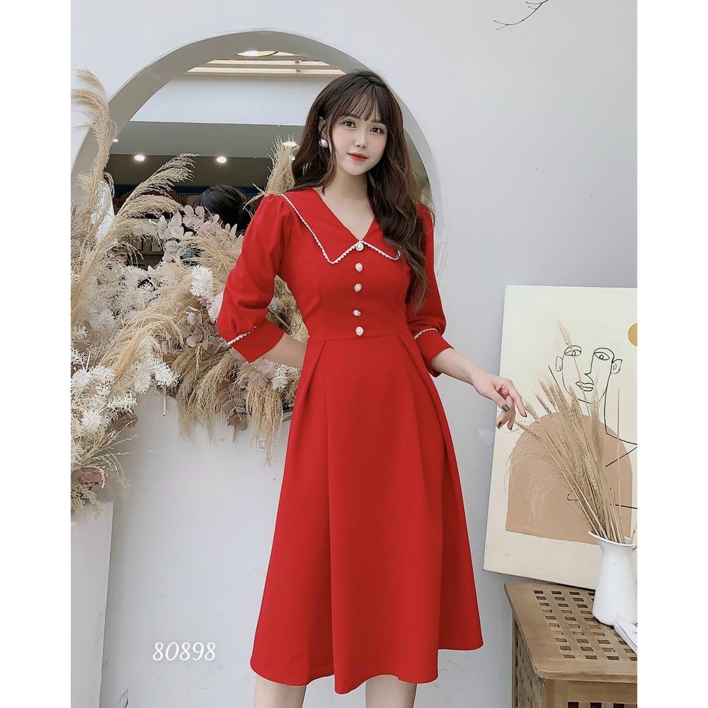 Đầm xòe vintage cổ điển phối viền xinh đẹp