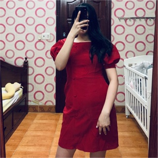 Đầm nút bọc tay phồng đỏ- new , nude-used