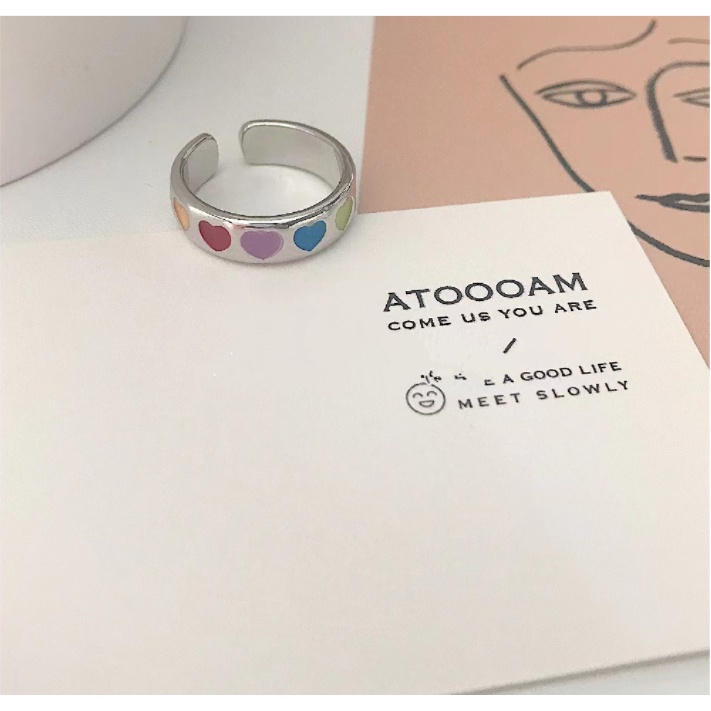 Nhẫn trái tim đa sắc cầu vồng Ula Shop Phong cách Hàn Quốc mới nhất Nhẫn đôi cute NDD1