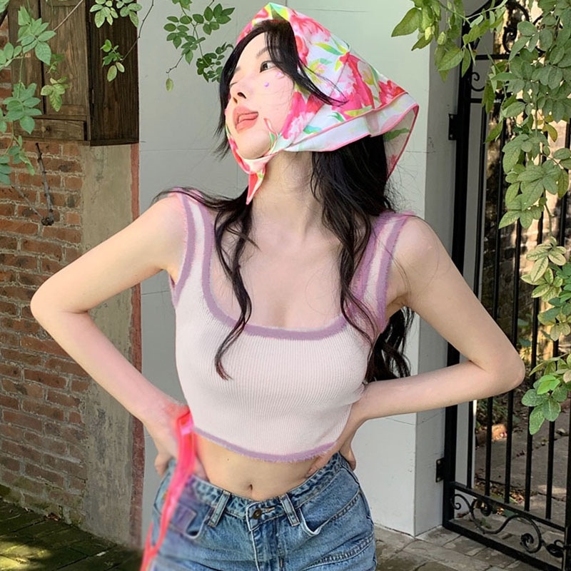 Áo Croptop Dệt Kim Cổ Chữ U Dáng Ôm Thời Trang Quyến Rũ Cho Nữ