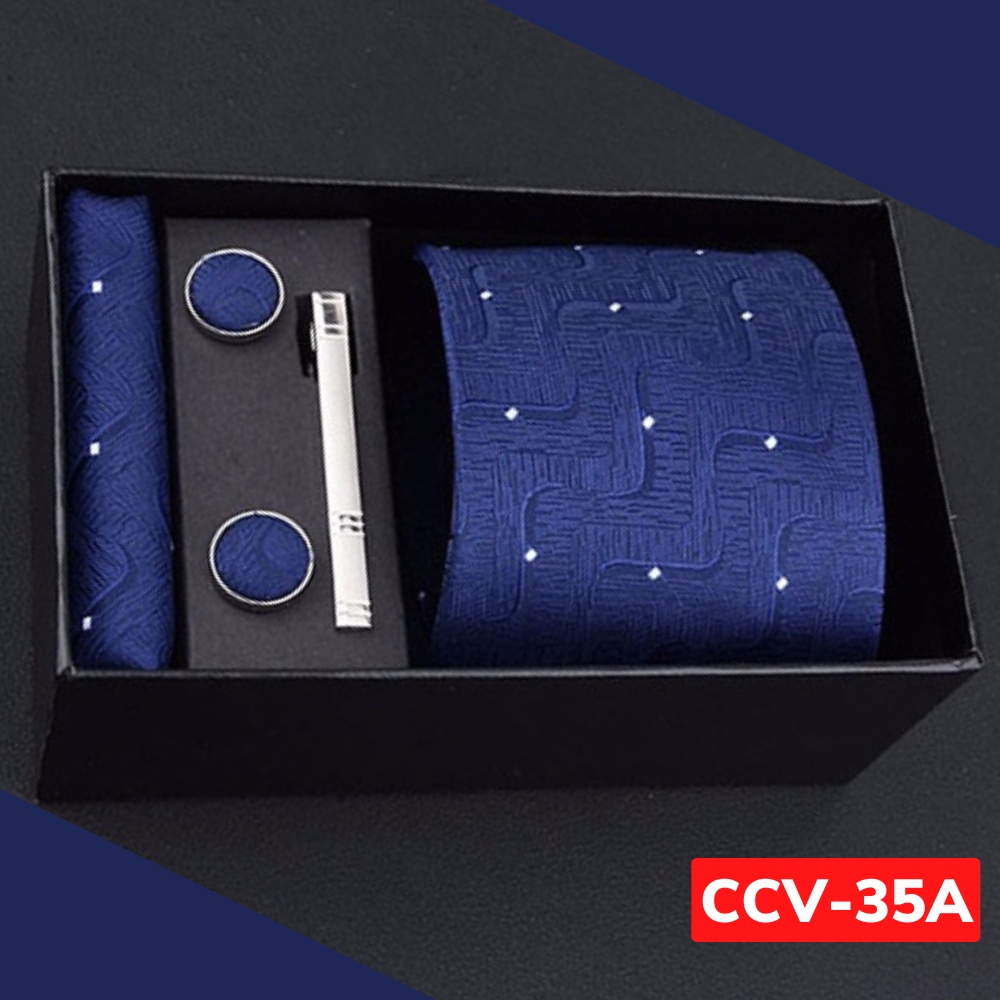 Bộ Cravat Nam 4 món gồm Cà vạt 8cm, khăn cài túi, kẹp cà vạt, măng-set đóng hộp quà tặng sang trọng