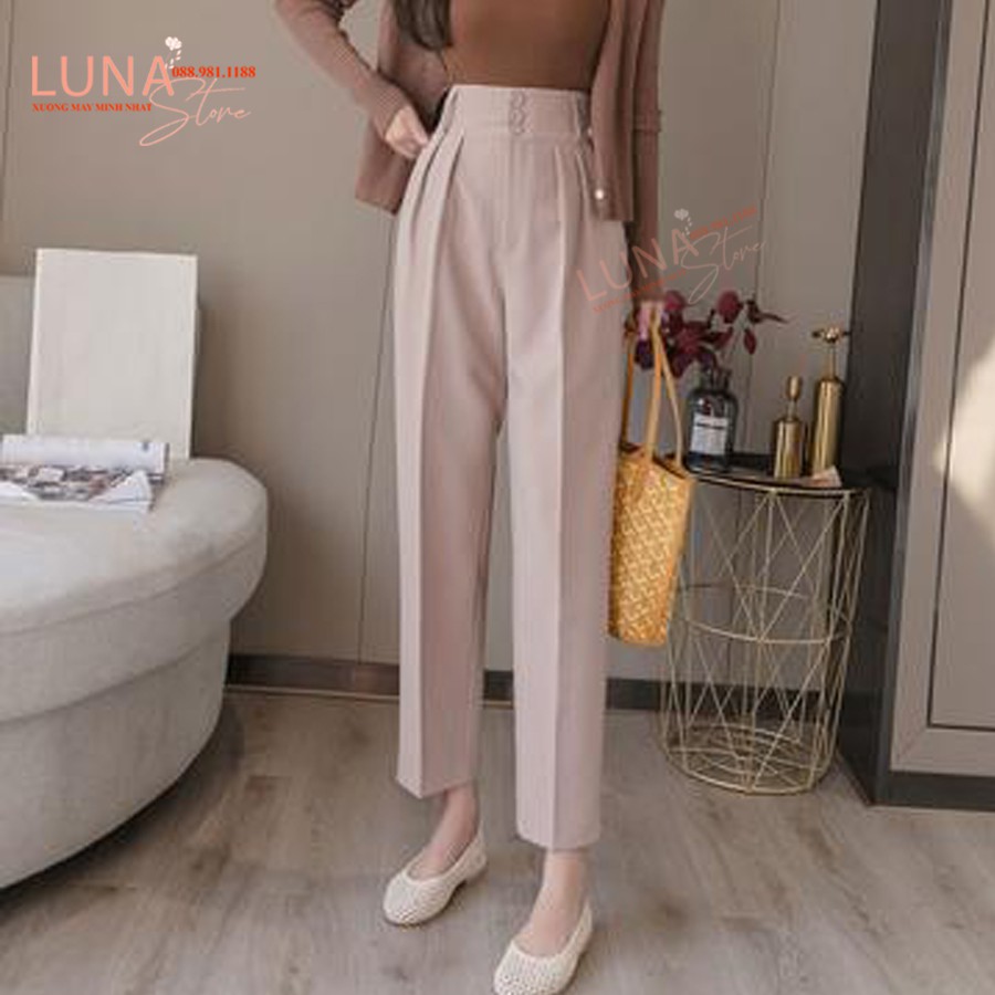 Quần baggy cạp cao 3 cúc nữ xếp ly dáng dài form rộng ống suông đứng - Màu Đen Kem - Vải dày mềm mặc công sở đi học làm