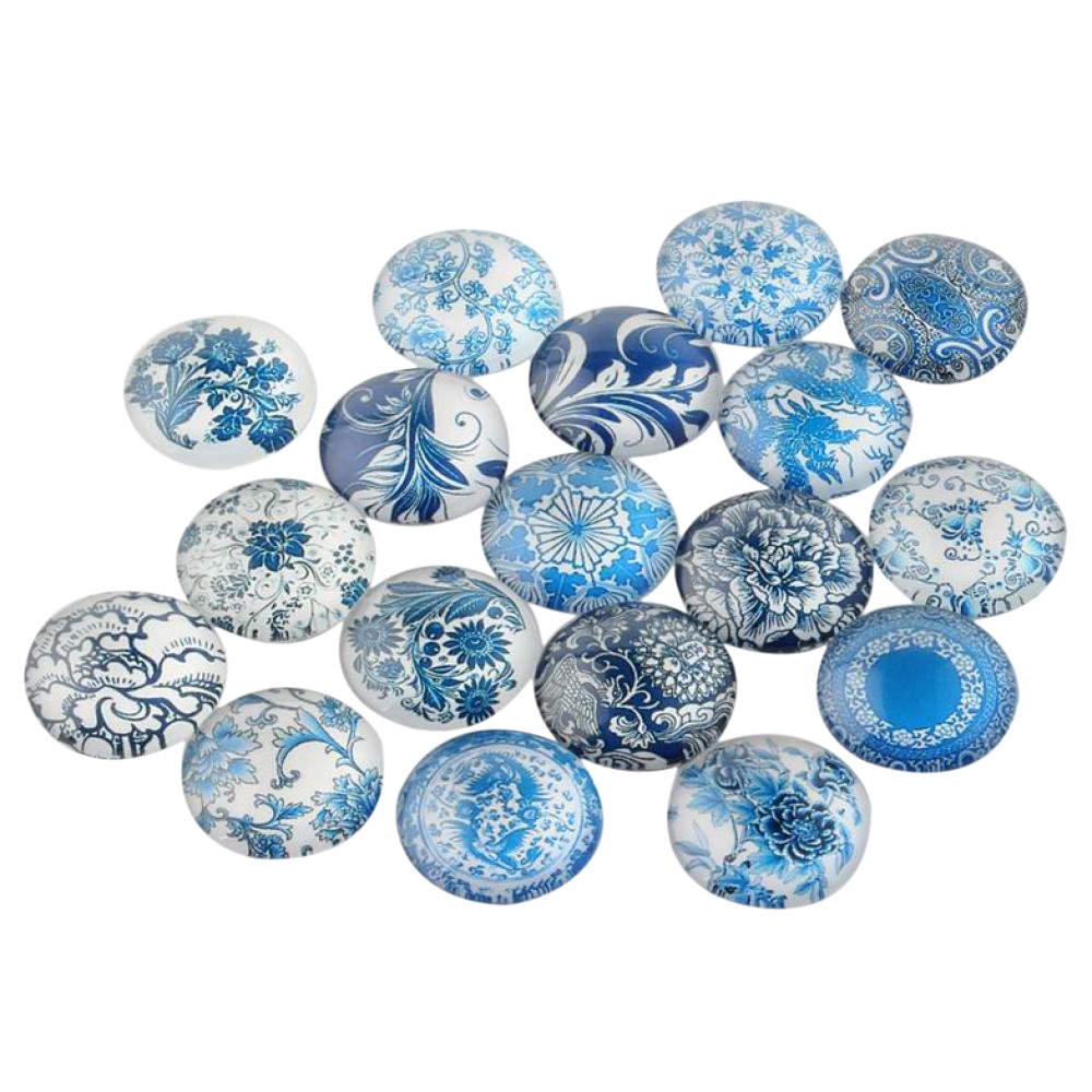 10pcs 14mm Dome Blue and White Floral Printed Glass Cabochons