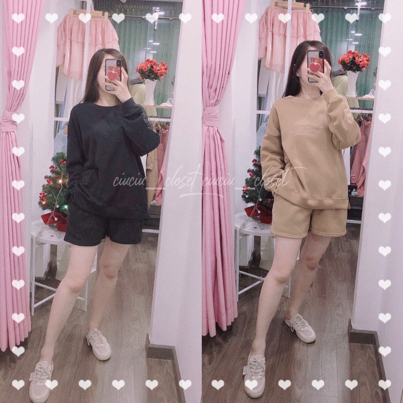 Set Bộ Áo Nỉ Dài Tay Thêu Chữ Phối Short 2 Màu Đen Nâu Chuẩn Ảnh ( Sẵn)