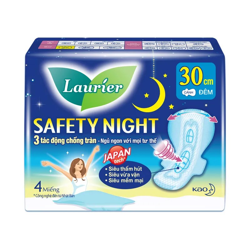 Combo 8 gói băng vệ sinh Laurier Safety Night Đêm Siêu An Toàn (30 cm/miếng, 4 miếng/gói)