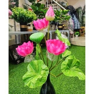 Cành Sen cao 50cm, Vải lụa, có 2 màu Hồng & vàng. 3 bông nở, 1 nụ, 1 đài, 5 lá - Cành sen giả trang trí