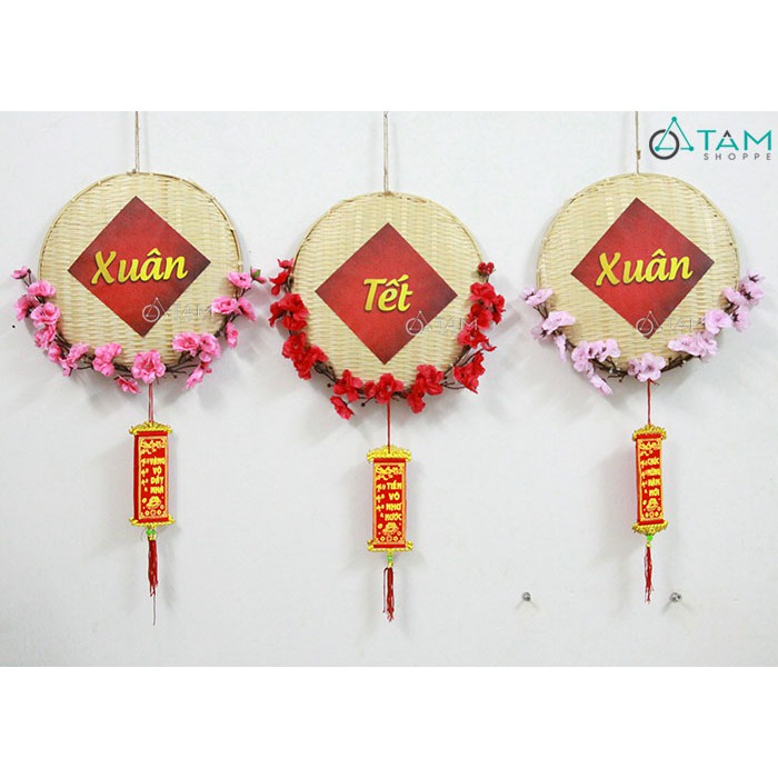 [HANDMADE DÀY ĐẸP]  Vòng treo cửa Tết mẹt tre hoa đào các màu ĐK 30cm T-VTC-10