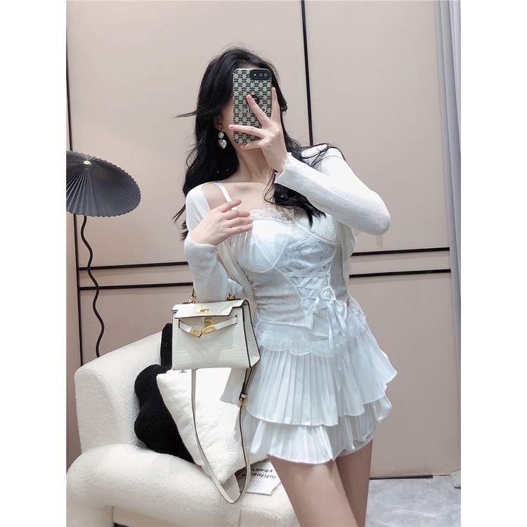 Cả set 3 món : áo 2 dây bra ren đan croptop hở vai cột hoa + khoác tay dài + váy ngắn lưng cao xếp ly trắng đen ulzzang