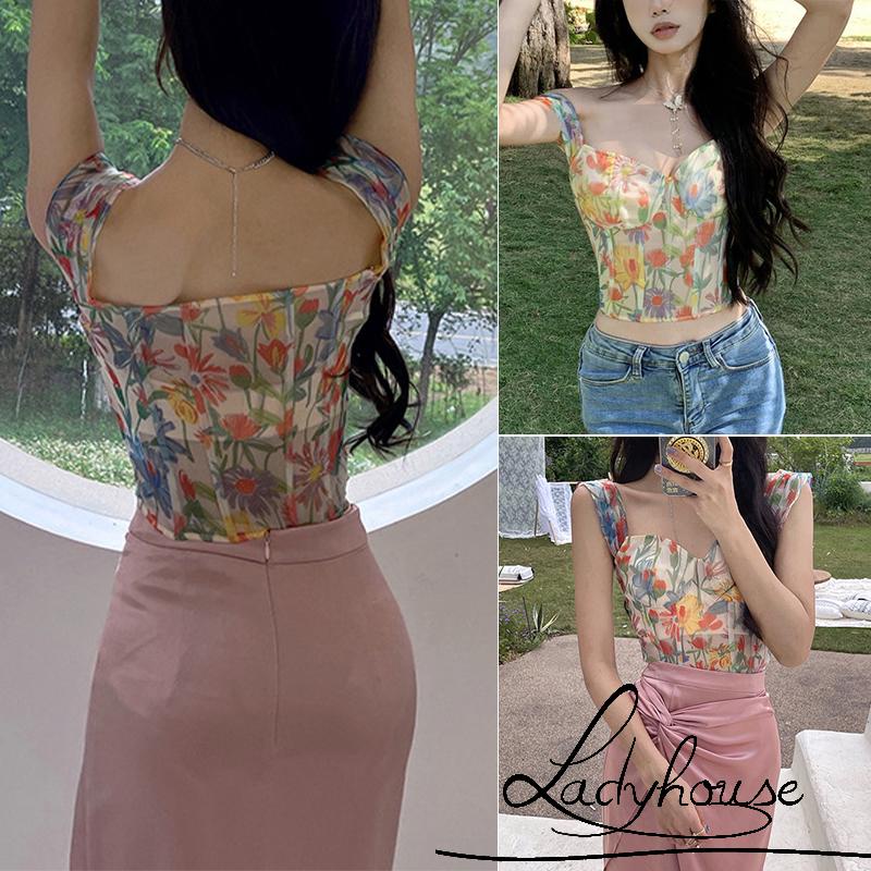 Áo Croptop Hai Dây In Hoa Gợi Cảm Cho Nữ