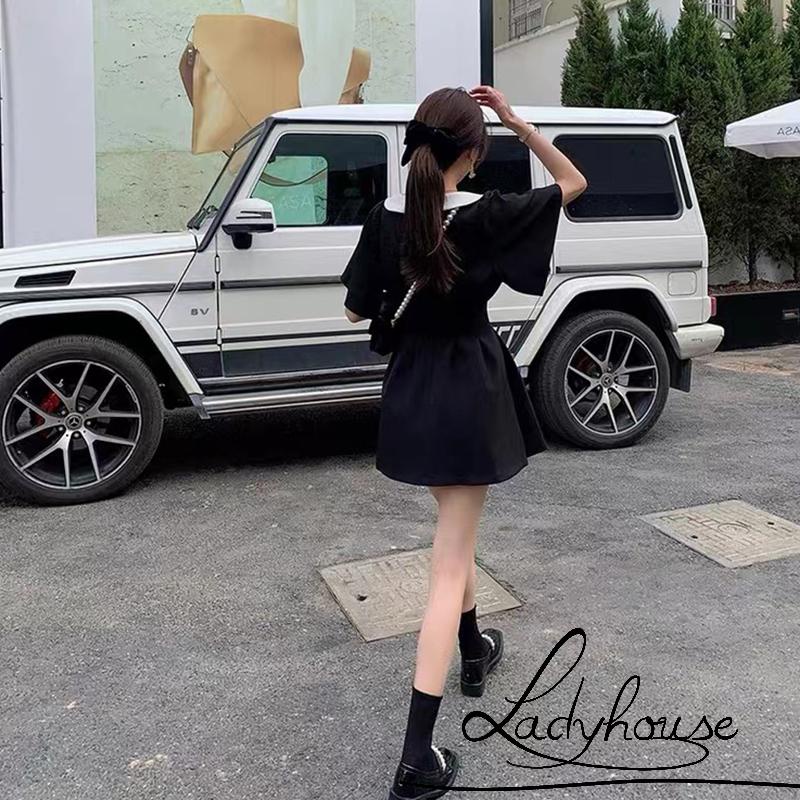 Ldd-đầm Ngắn Tay Mini Cổ Peter Pan Cài Nút Màu Sắc Tương Phản Thời Trang Mùa Hè Cho Nữ