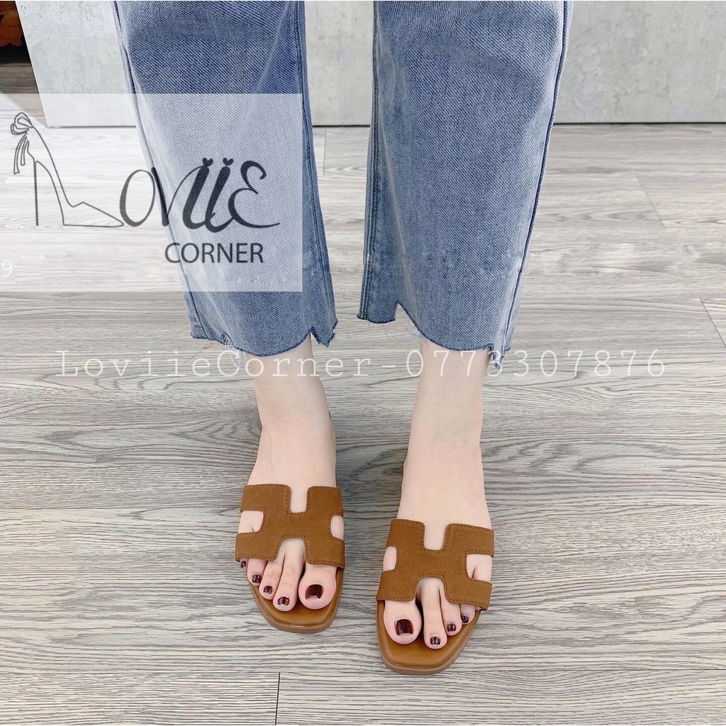 DÉP NỮ THỜI TRANG LOVIIECORNER HÀNG ĐẸP - DÉP LÊ CHỮ H ĐẾ BỆT CHÁT DA XỊN VẢI KAKI  D210707