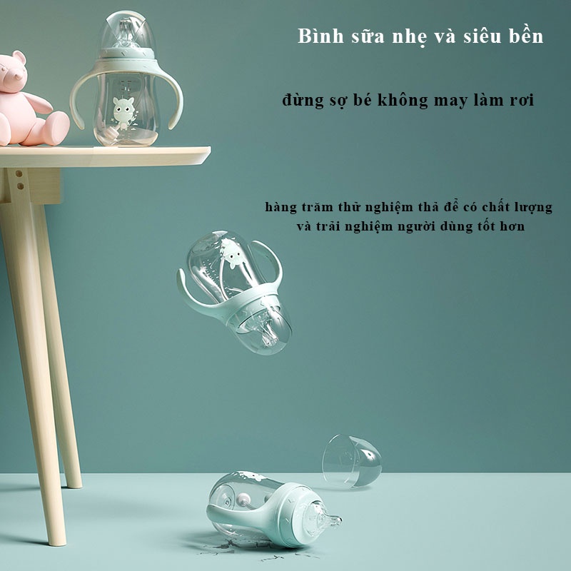 [Sale sốc] Bình sữa cổ rộng cao cấp 2 chức năng, bình sữa kiêm bình nước cho bé núm siêu mềm có van chống sặc an toàn