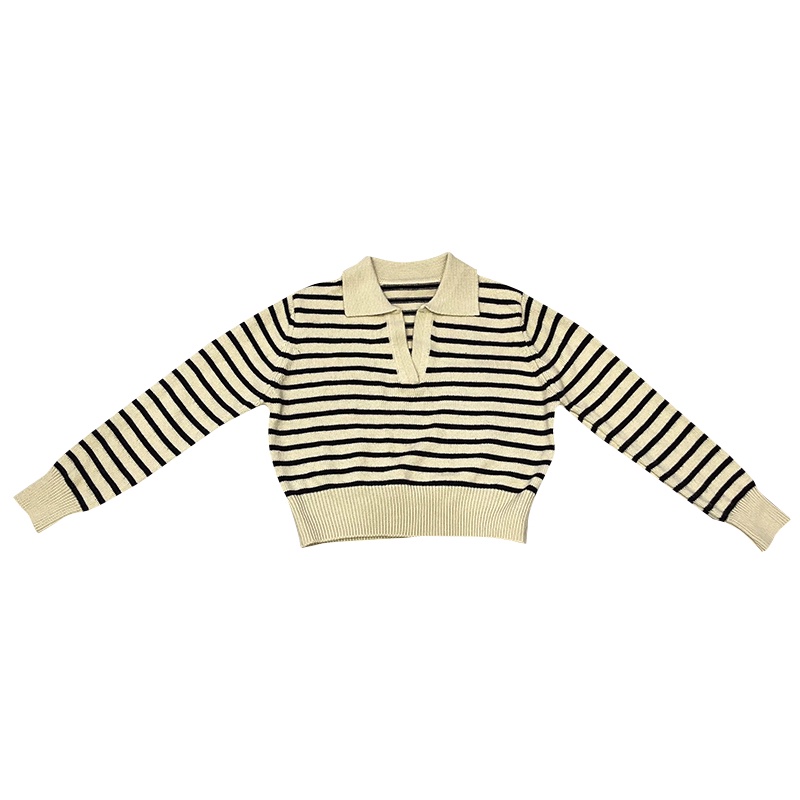 Áo Dệt Kim Tay Dài Cổ Polo Họa Tiết Kẻ Sọc Màu Sắc Thời Trang Cho Nữ