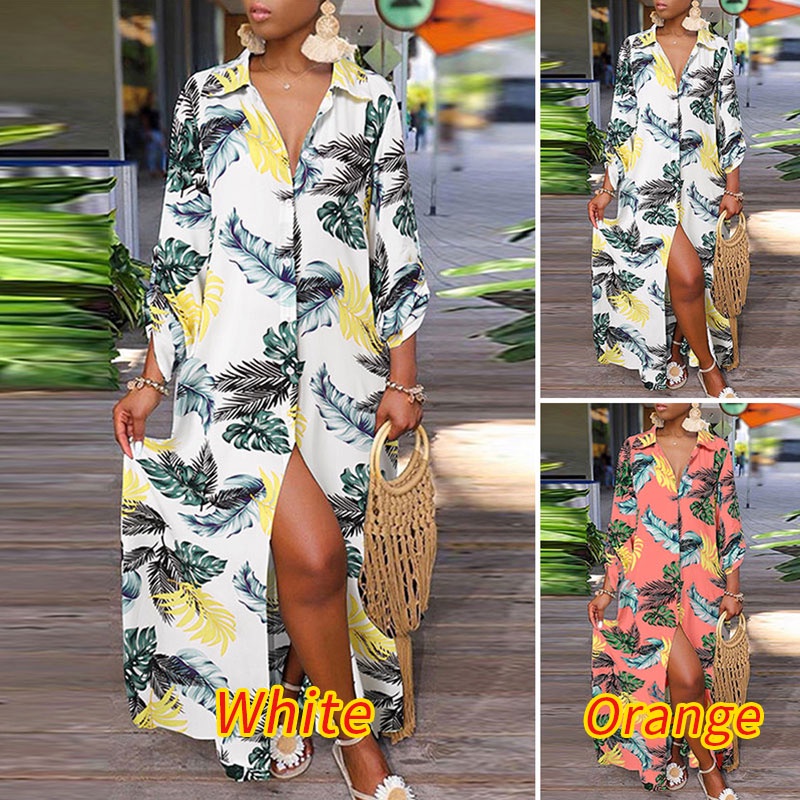 Đầm dài Zanzea dáng rộng tay dài in họa tiết lá thời trang cho nữ