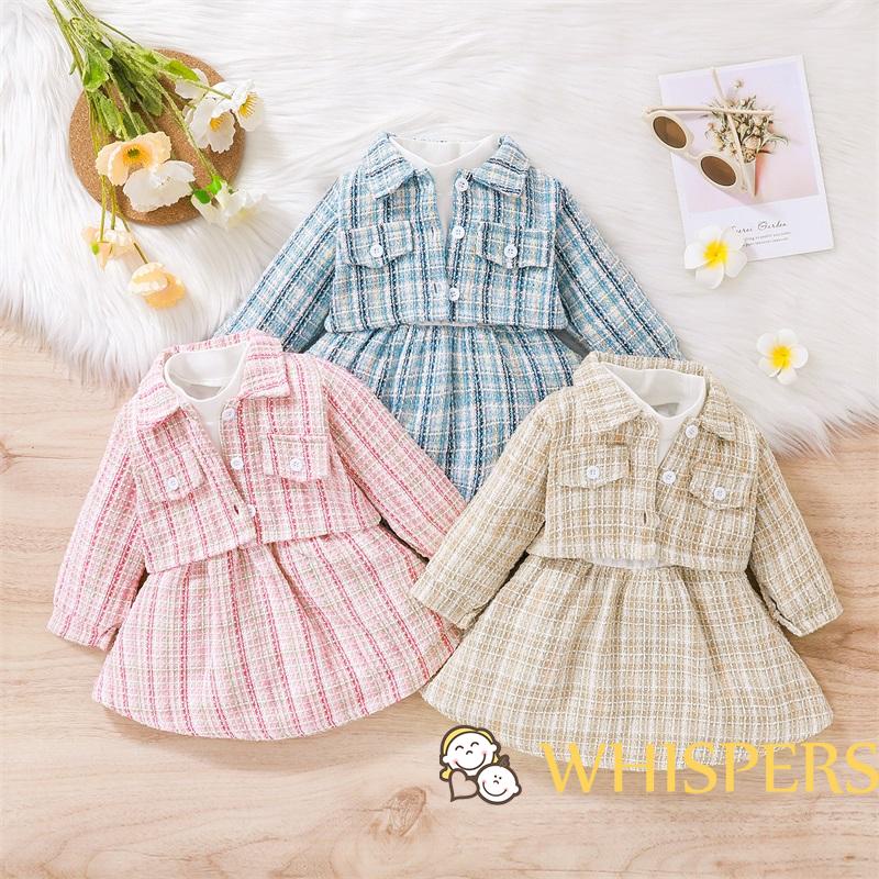 Bộ 2 Món Áo Khoác Tay Dài Cài Cúc + Đầm Chắp Vá Cổ Đứng Cho Bé Gái