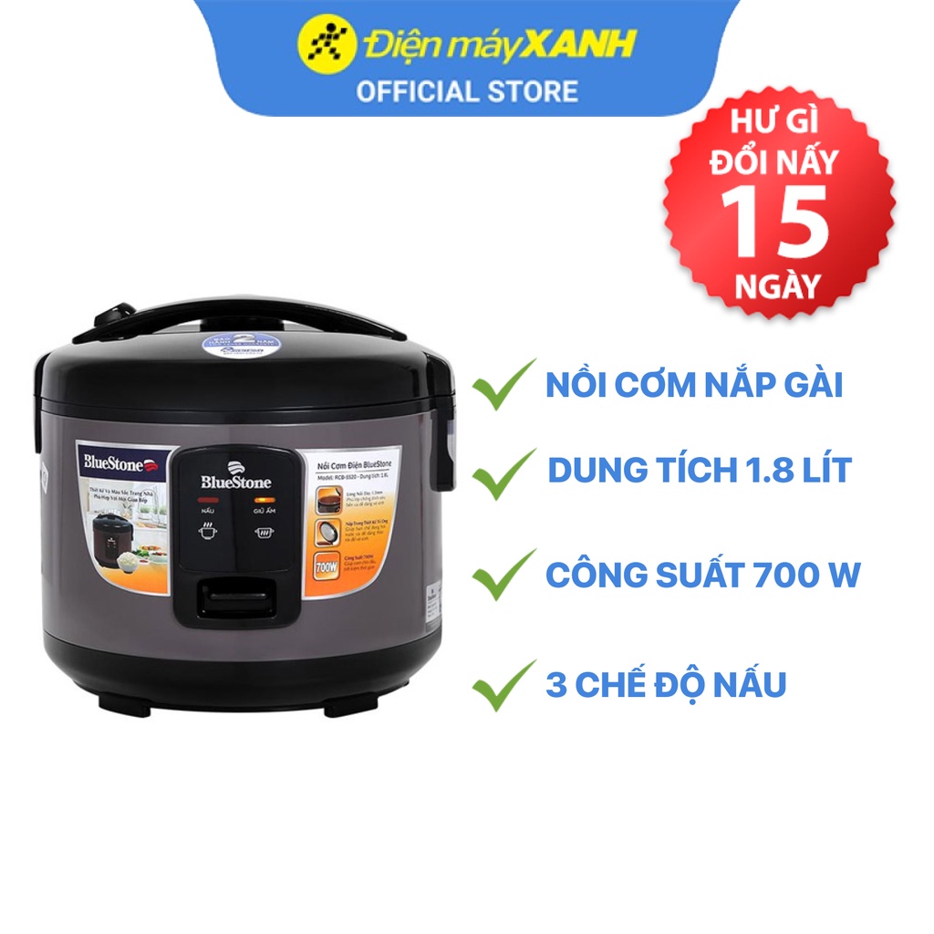 Nồi cơm điện nắp gài Bluestone RCB-5520 1.8 lít  700 W lòng nồi chống dính - Chính hãng BH 24 tháng