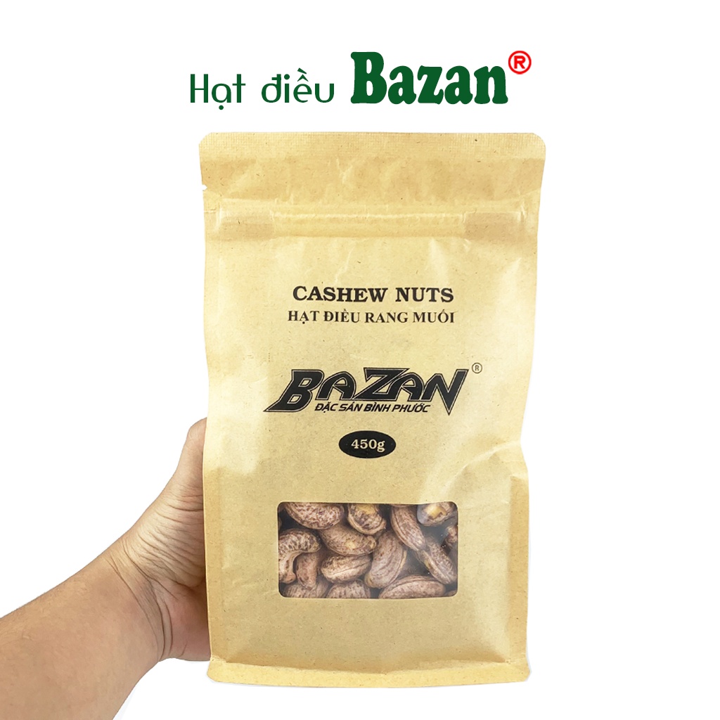 Hạt điều rang muối Bazan Bình Phước nguyên hạt dinh dưỡng A+ loại 1 túi Zip 450g còn vỏ lụa | BigBuy360 - bigbuy360.vn