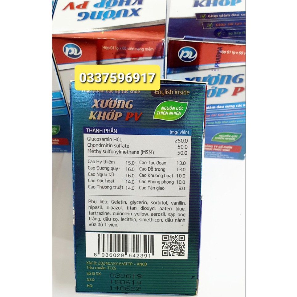 XƯƠNG KHỚP PV - HỖ TRỢ TÁI TẠO SỤN KHỚP - THOÁI HÓA KHỚP - LỌ 60 VIÊN