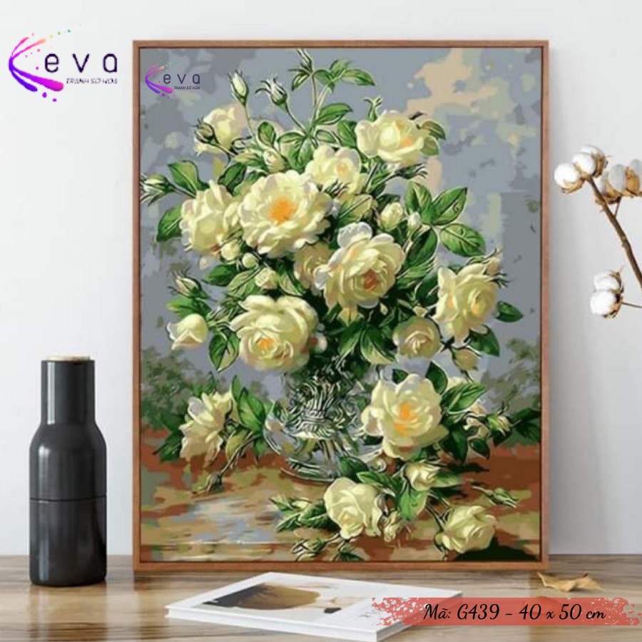 Tranh Sơn Dầu Số Hóa Tự Tô Màu Theo Số Mẫu Hoa - G439 Kèm Màu Acrylic Kích Thước 40x50cm