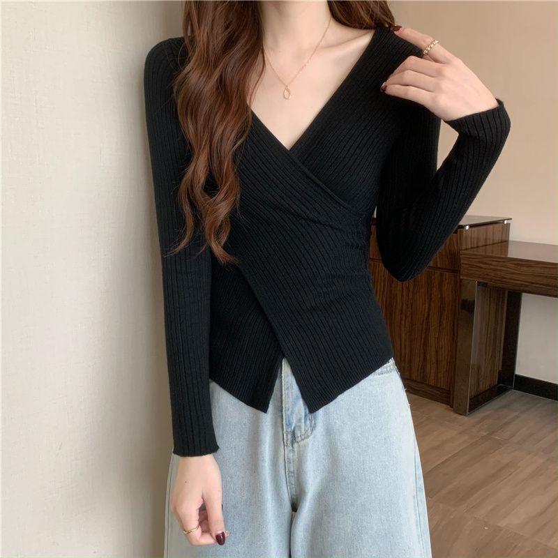 COZOK Áo sweater Tay Dài Cổ Chữ V Dáng Ôm Xẻ Tà Quyến Rũ Trẻ Trung
