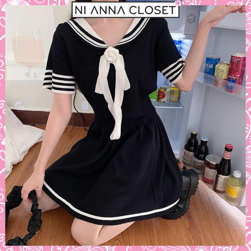 Set Váy Nữ Áo Croptop Cổ Thủy Thủ Chân Váy Xếp Ly NI052 Ni Anna Closet