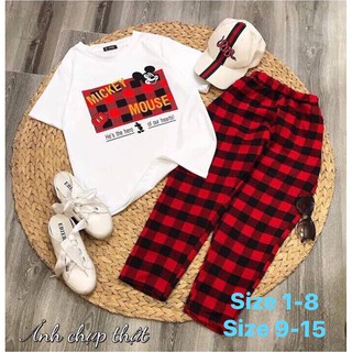 Set bộ quần caro áo Mickey cho bé gái