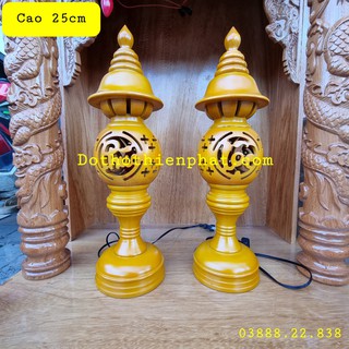 Cặp đèn thờ gỗ xà cừ cao 25cm phúc lộc thọ mẫu mới