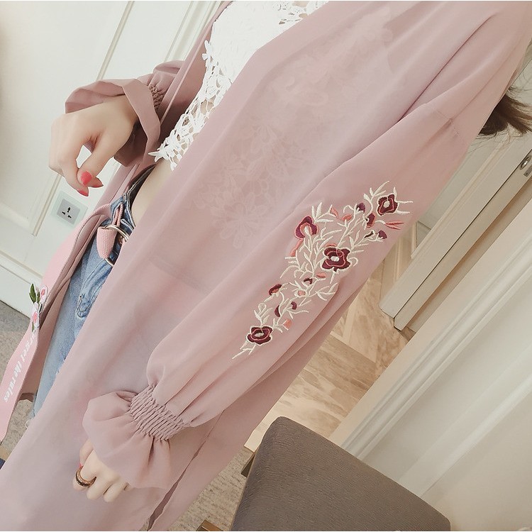 Aó khoác dài CARDIGAN nữ mùa hè 2019 chất voan dài tay thêu hoa chống nắng YT.01526