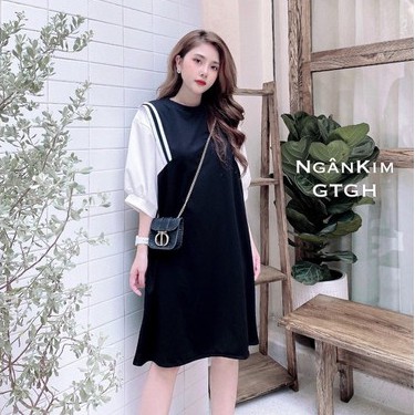 Váy bầu thiết kế dáng xuông phối tay trắng
