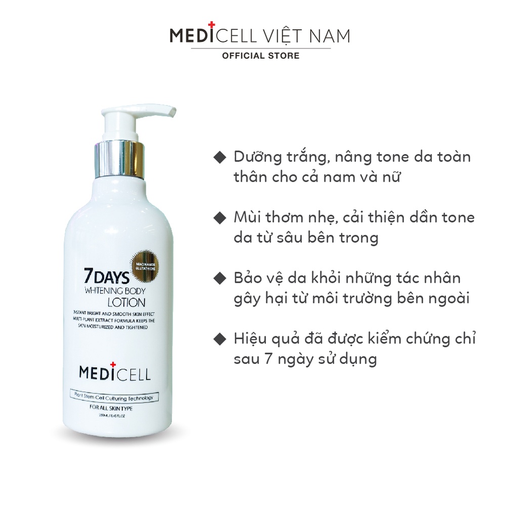 Kem dưỡng trắng, nâng tone body 7days Medicell, bảo vệ và nuôi dưỡng da toàn thân từ sâu bên trong - Chai 250ml