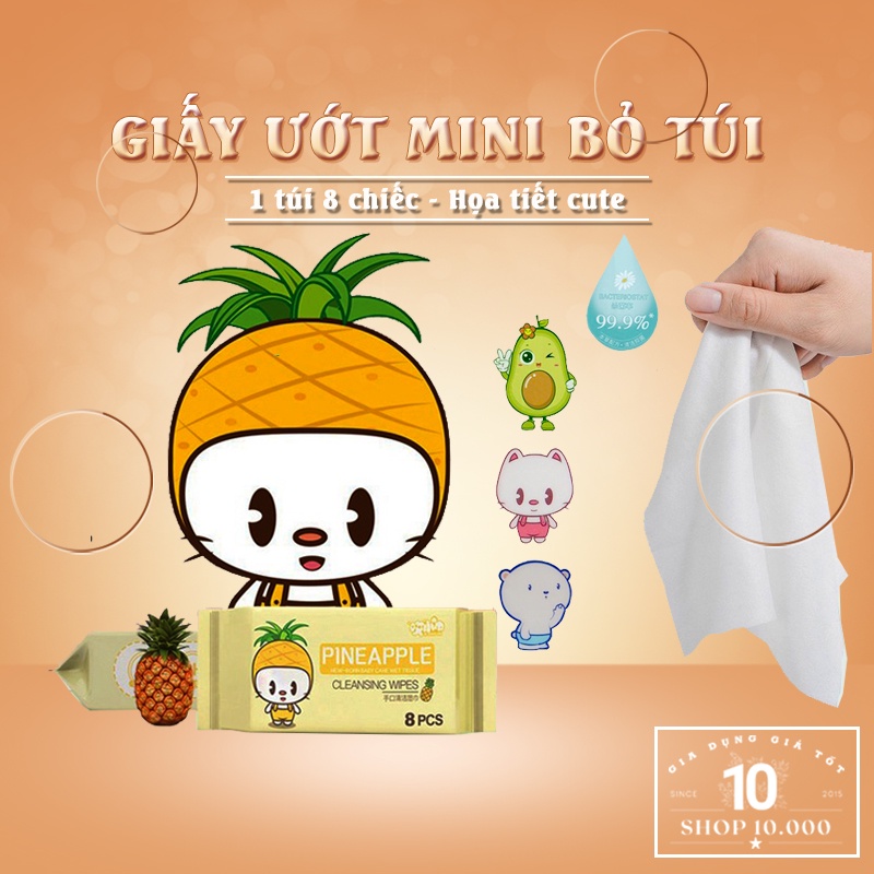Gói khăn ướt mini, khăn giấy ướt bỏ túi tiện dụng 1 gói gồm 8 miếng khăn ướt mini