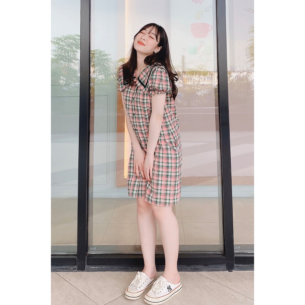 Đầm váy nữ 92WEAR đủ màu, đủ size, dáng suông ngắn tay kẻ caro viền lá cổ DXW0235 | BigBuy360 - bigbuy360.vn