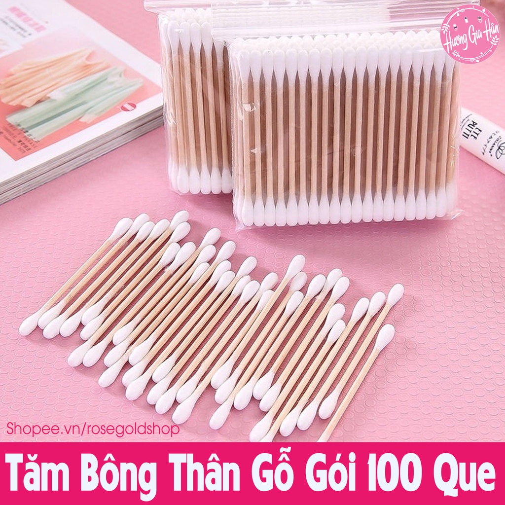 Tăm Bông Thân Gỗ Thân Thiện Với Môi Trường 2 Đầu Bông Gói 100 Que Siêu Tiết Kiệm