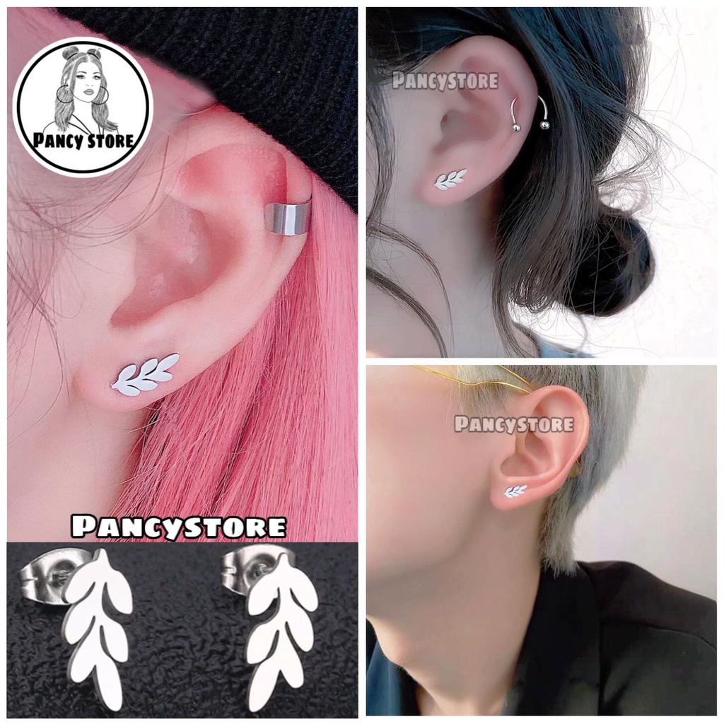 bông tai nam nữ khuyên tai chiếc lá Unisex titan