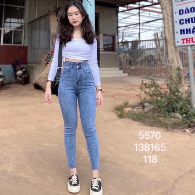 Set Jeans dài co giãn tua lai + Áo cổ vuông tay dài rút dây