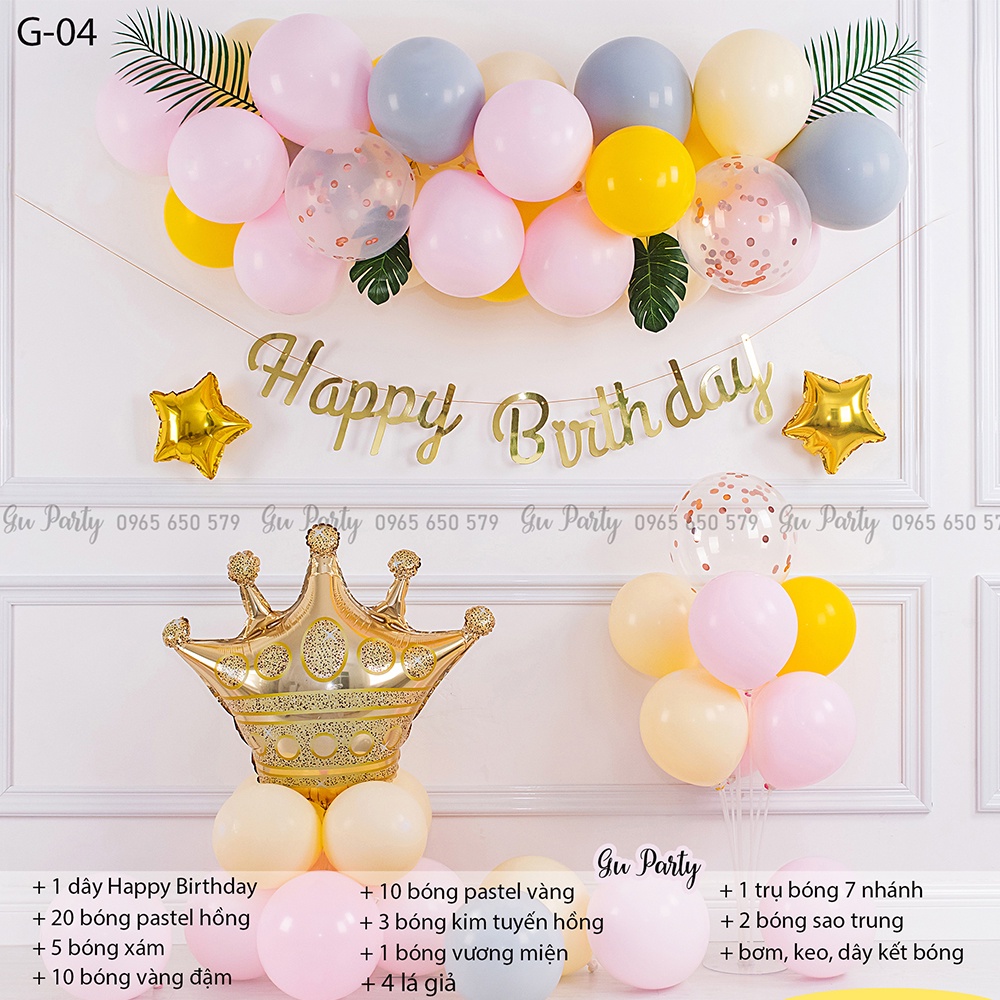 Set Bóng Trang Trí Thôi Nôi Sinh Nhật Bé Gái Hồng Xám