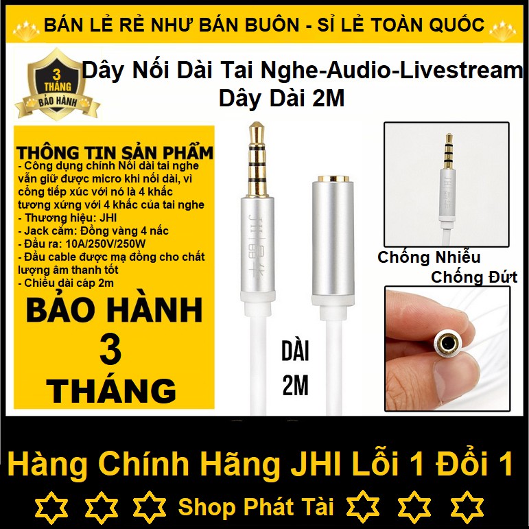 Dây nối dài kết nối VIDEO / AUDIO / Livestream chuẩn 3.5 chính hãng JHI - Dài 2M Bảo Hành Lỗi 1 Đổi 1