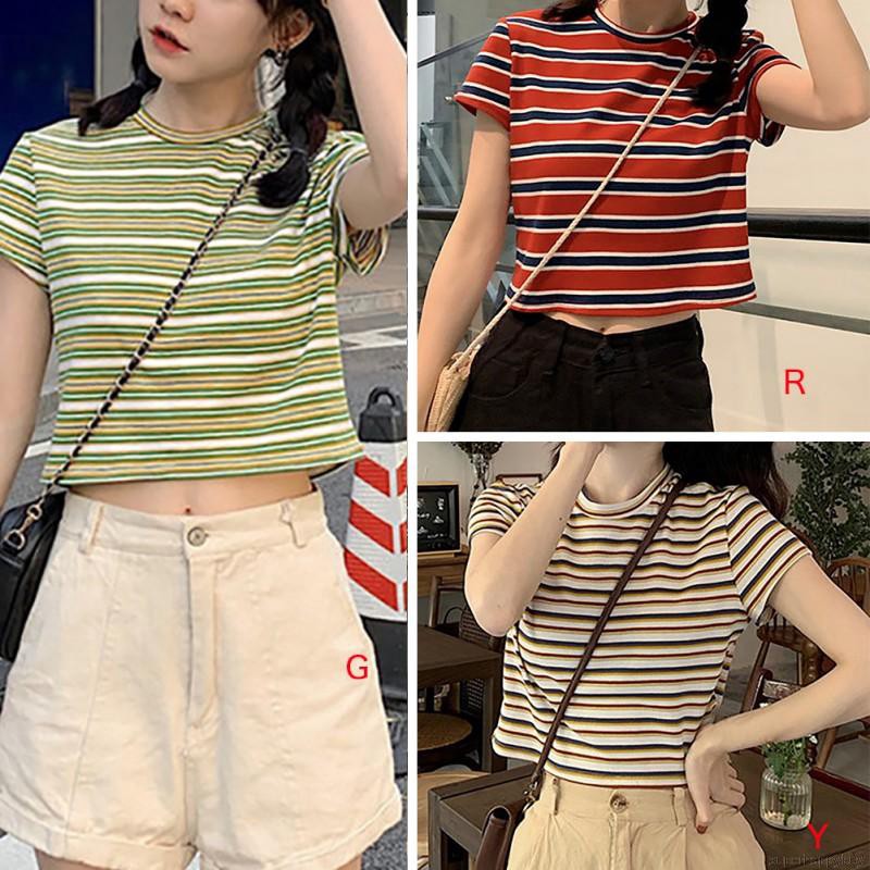 Áo thun tay ngắn hoạ tiết kẻ sọc cho nữ