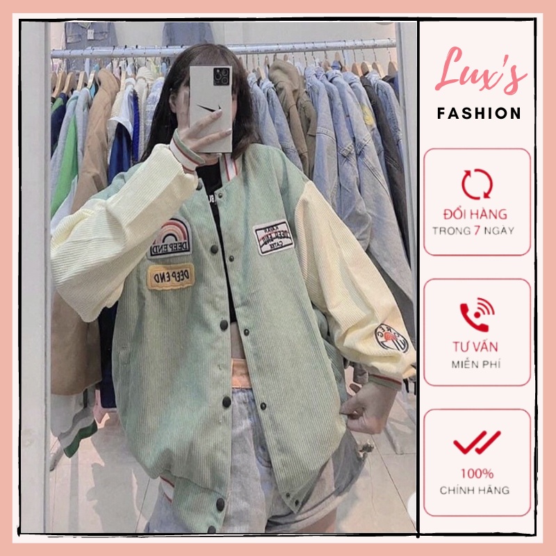 Áo Khoác Nam Nữ Unisex Bomber Nhung Logo Cầu Vồng, Áo Jacket Nữ Khuy Bấm Tay Bo Phối Màu Form Rộng 4 Màu Freesize G064