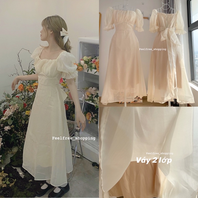 Đầm Be Cổ Vuông 2 Lớp Tay Phồng Ngắn Thắt Nơ Eo Mặc Đi Tiệc, Đi Chơi, Kỷ Yếu (Hình Thật) D012