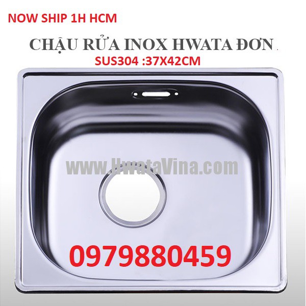 Chậu rửa đơn inox304 cao cấp 37x42cm Hwata, tặng kèm bộ xả,made in Việt Nam